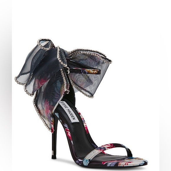 Steve Madden Black w/ Floral Accents and Bow NWOT size 6.5 Benni-R Satin Sandals - Picture 1 of 16